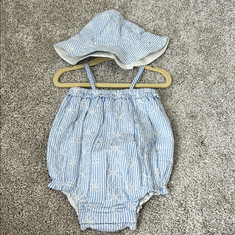 Blue and White Striped Baby Romper with Hat